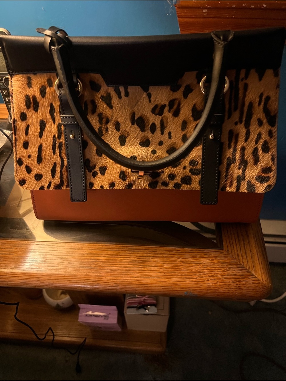 Leopard-Print Faux Fur Top-Handle Tote in Tan, Black and Brown